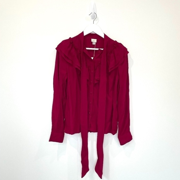 A New Day Dark Pink Button Up Ruffle Blouse - Picture 1 of 7